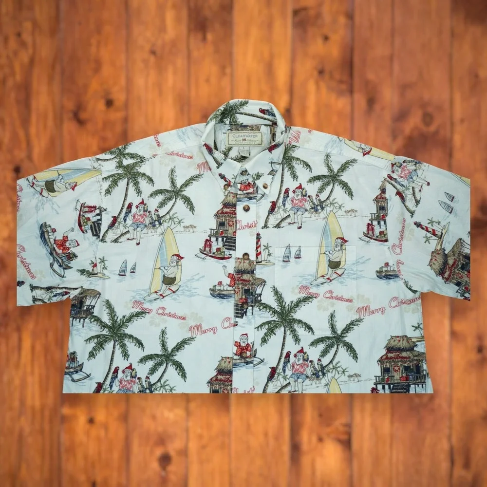 Clearwater Mens Santa Print Button Shirt Short Sleeve Large Nautical Vacation‎